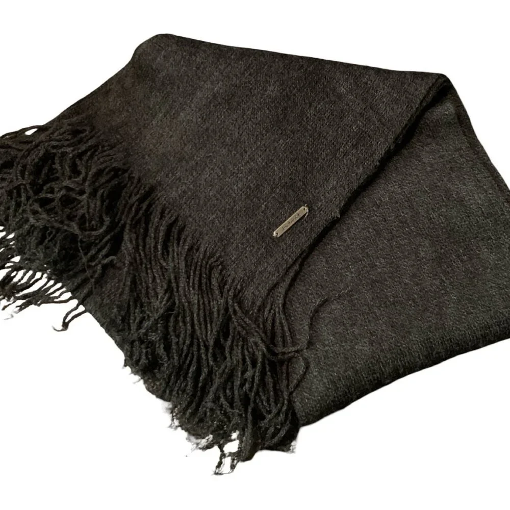 Smartwool Gray Merino Wool Blend Knit Rectangle Scarf Fringe Logo Accent Winter
